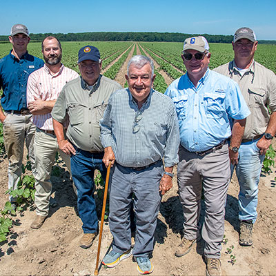 The Bush family standing in a field of young cotton plants