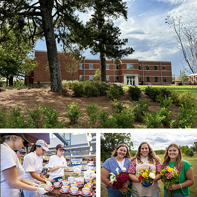 Ballew Hall, students preparing food, students with floral bouquets